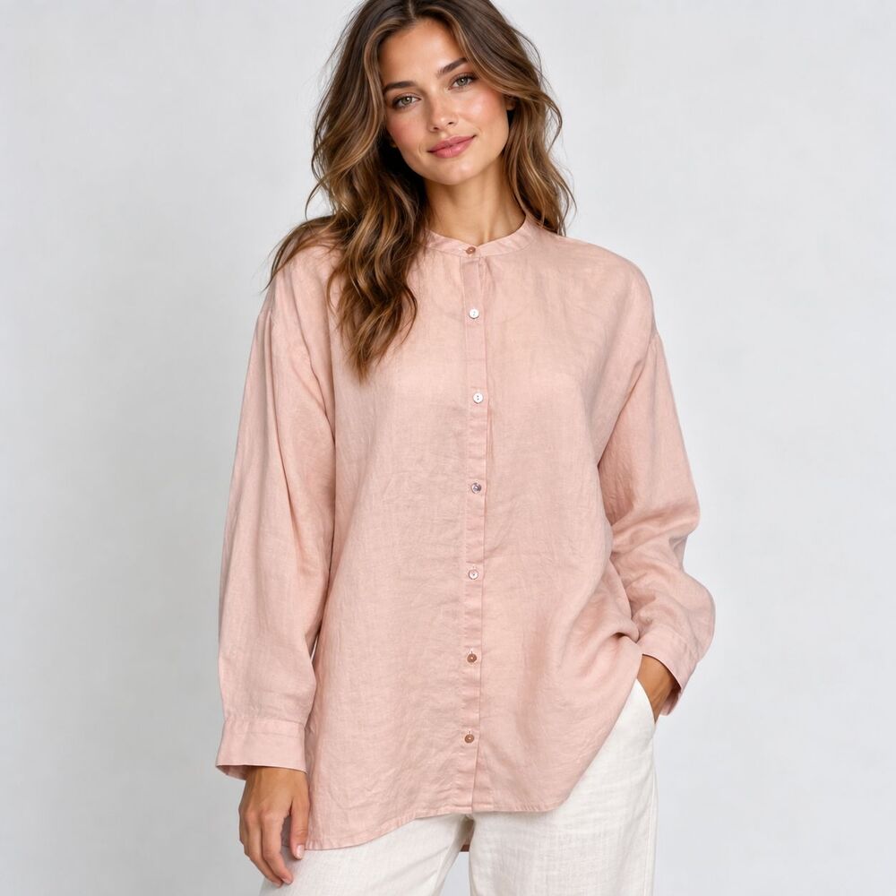 Eileen Fisher Organic Handkerchief Linen Shirt S Pink Mandarin Collar Oversized